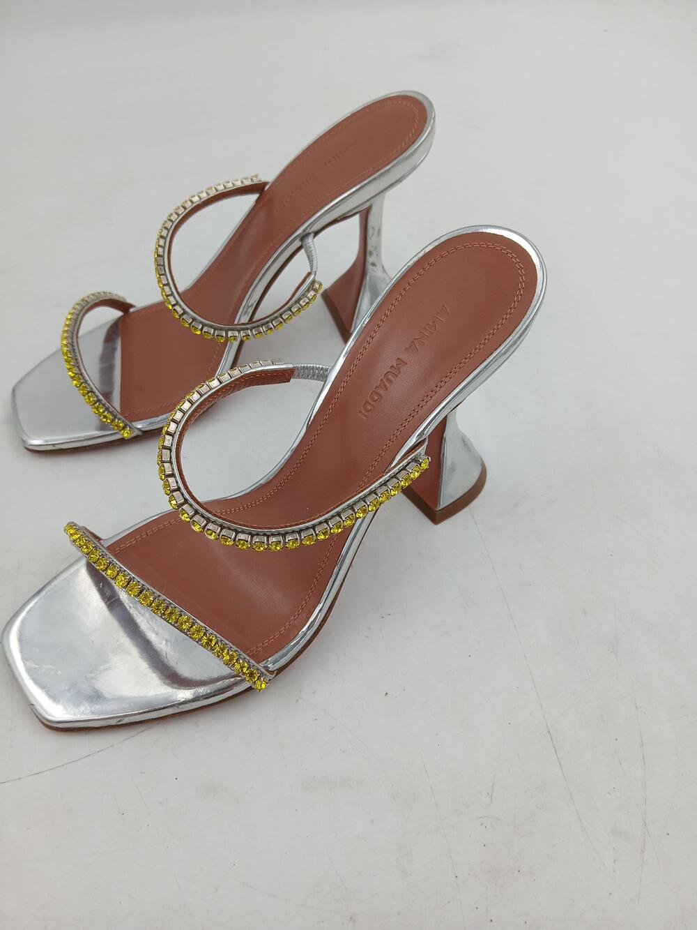 Amina Muaddi Shoes Womens Size 6 Silver Rhinestone Slide Sandals Heels Italy
